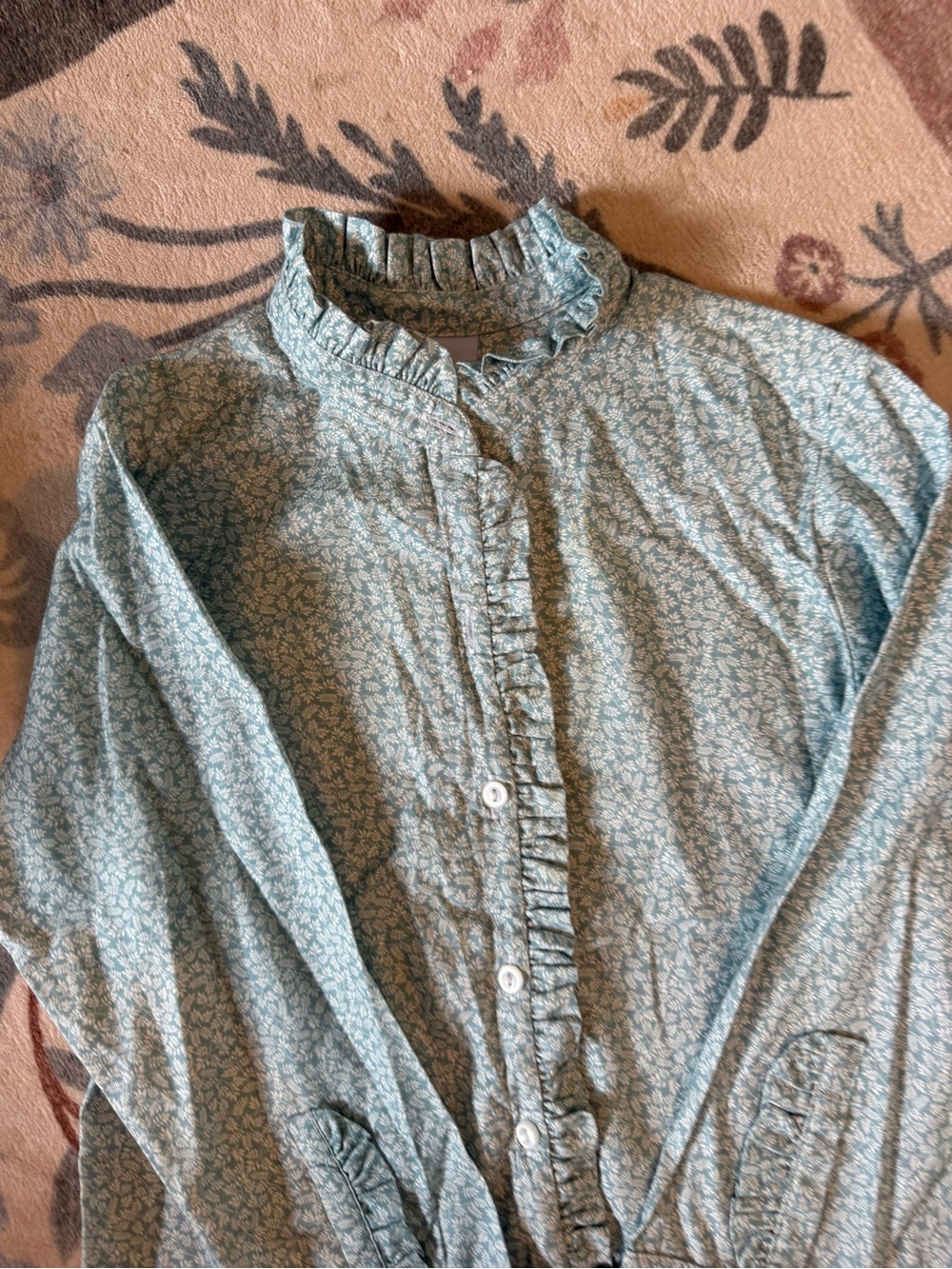 bella bliss Light Teal Floral Ruffled Collar Button-Up Top